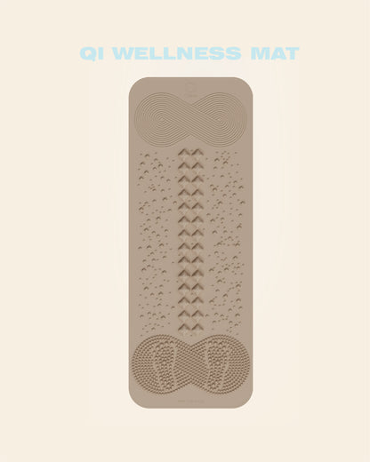 QILATES Qi Wellness Mat acupressure mat with zoned energy nodes — Qi-flow swirl, spine column and reflexology foot pads
