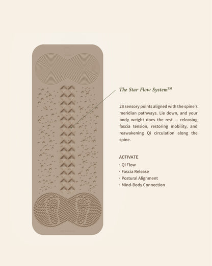 QILATES Qi Wellness Mat acupressure mat with zoned energy nodes — Qi-flow swirl, spine column and reflexology foot pads