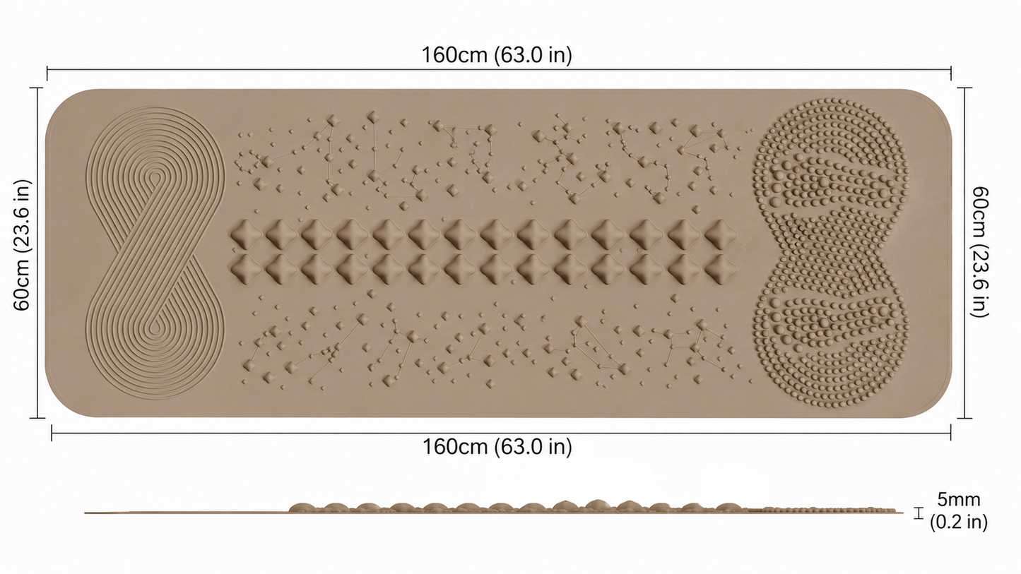 QILATES Qi Wellness Mat acupressure mat with zoned energy nodes — Qi-flow swirl, spine column and reflexology foot pads