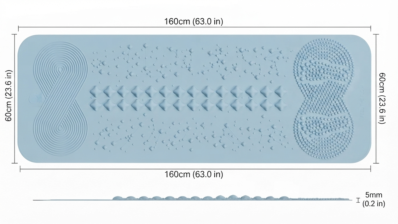 QILATES Qi Wellness Mat acupressure mat with zoned energy nodes — Qi-flow swirl, spine column and reflexology foot pads