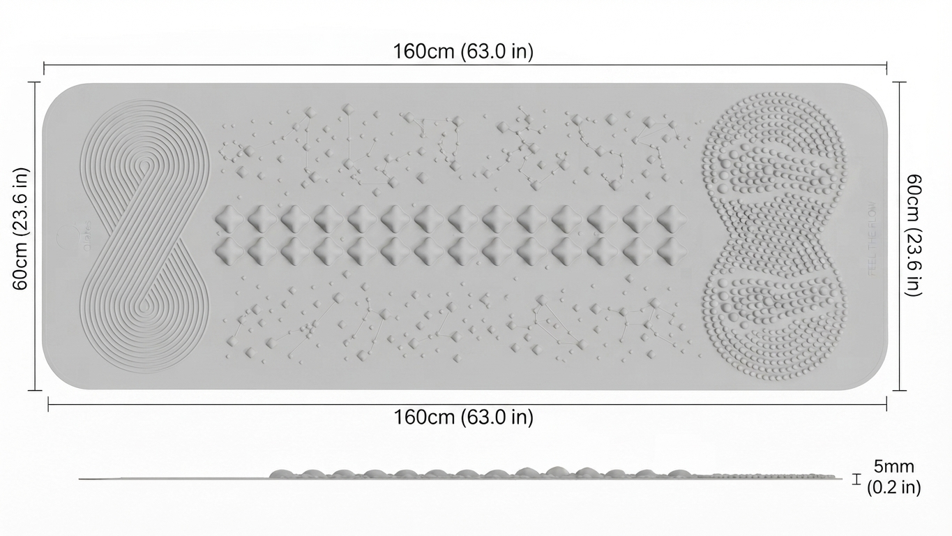 QILATES Qi Wellness Mat acupressure mat with zoned energy nodes — Qi-flow swirl, spine column and reflexology foot pads